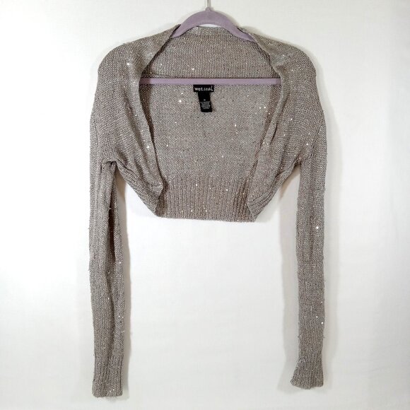 Wet Seal Long Sleeve Sequin Open Front Cropped Cardigan Women's Medium Silver - Picture 1 of 8